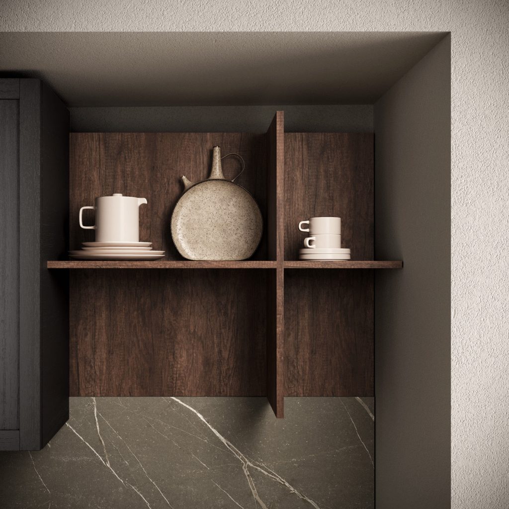 Cucina moderna economica Marlene di Ciao Cucine, pensile a giorno in legno noce con teiera e tazze in ceramica