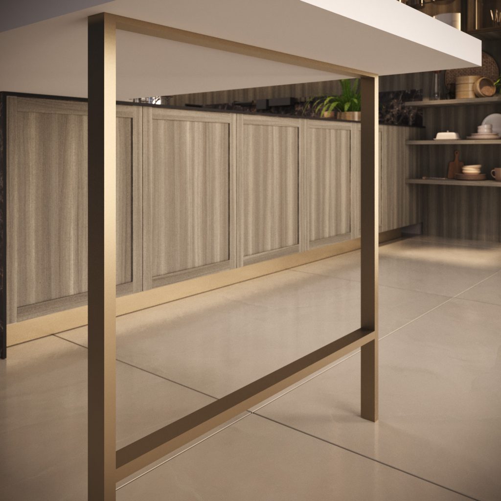 Cucina moderna economica Marlene di Ciao Cucine, dettaglio del tavolo snack sospeso con struttura in ottone e basi in legno