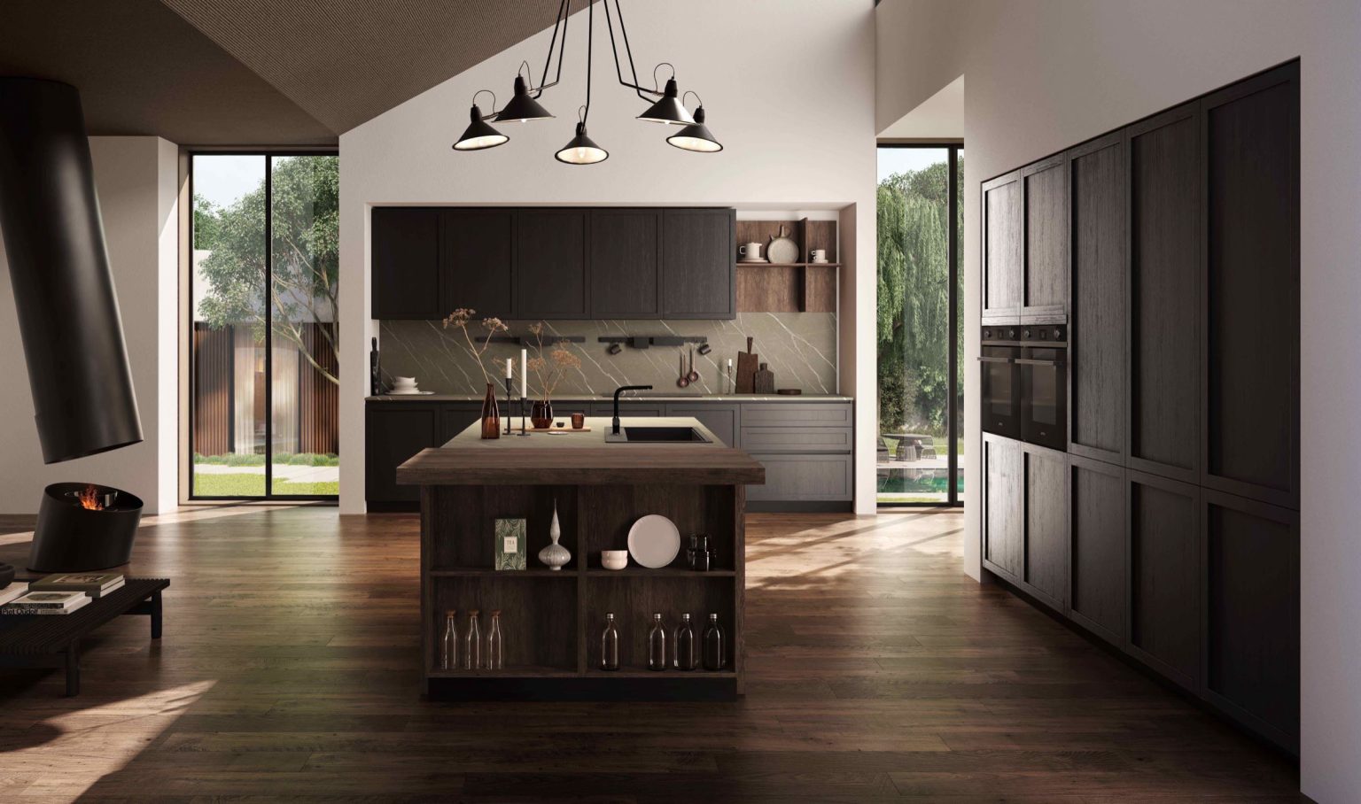 Cucina moderna economica Marlene di Ciao Cucine, veduta d'insieme dell'ambiente open space con isola centrale e camino