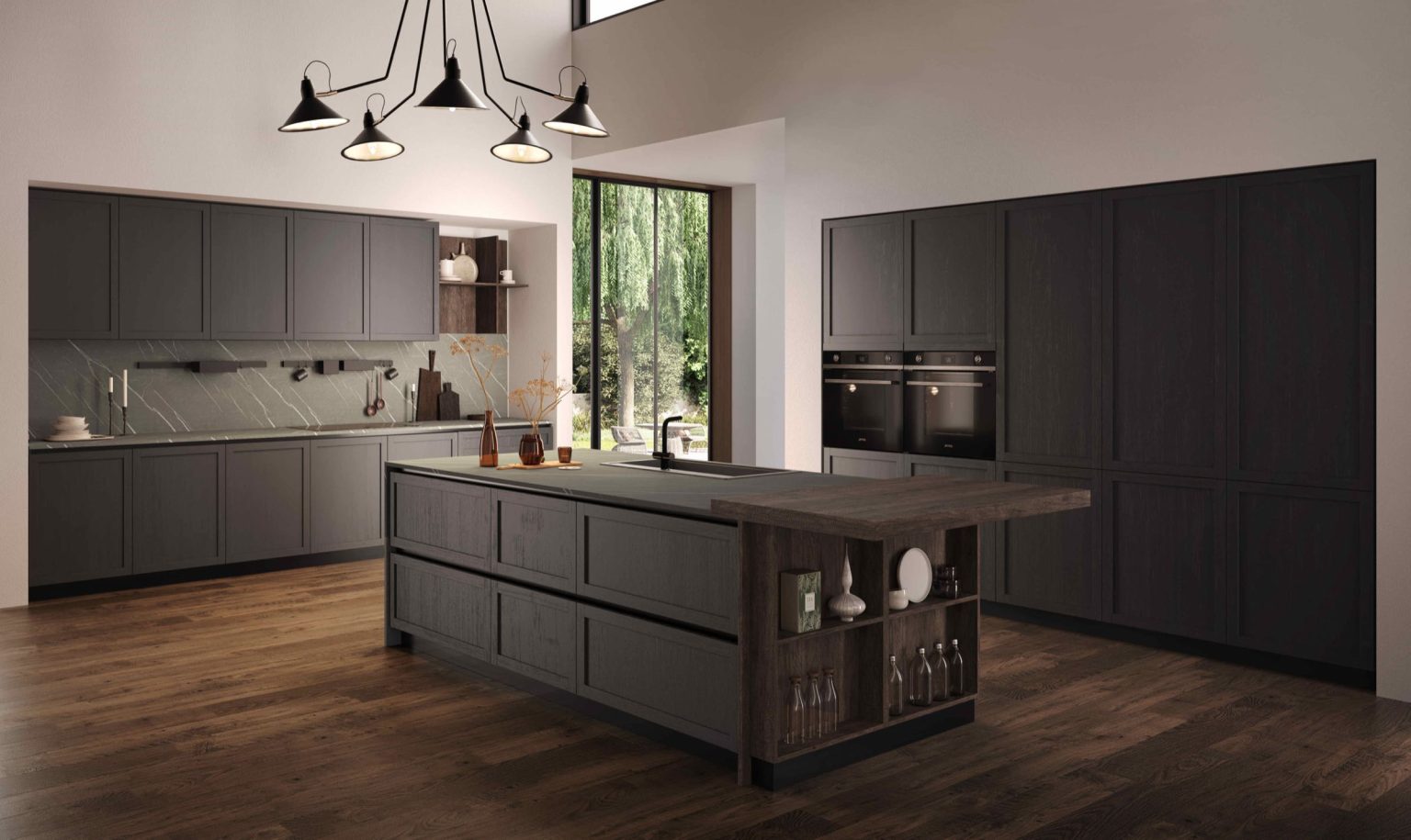 Cucina moderna economica Marlene di Ciao Cucine, veduta frontale con isola dotata di lavello e alte colonne dispensa