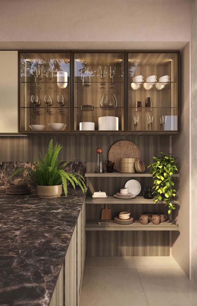 Cucina moderna economica Marlene di Ciao Cucine, vetrine pensili illuminate e mensole a giorno con piante e stoviglie