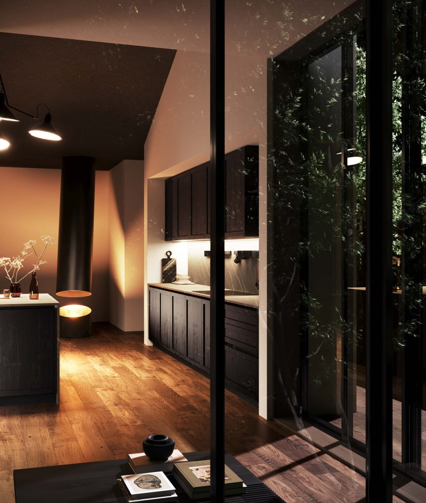 Cucina moderna economica Marlene di Ciao Cucine vista dalla zona living attraverso la vetrata, mobili in legno scuro e pavimento in parquet