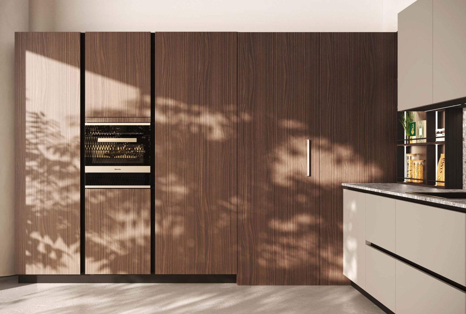 Cucina moderna economica Melania di Ciao Cucine, colonne attrezzate in legno noce con forno da incasso e giochi di luce