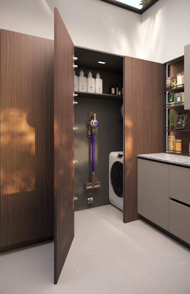 Cucina moderna economica Melania di Ciao Cucine, colonna dispensa e zona lavanderia con ante in legno aperte e lavatrice
