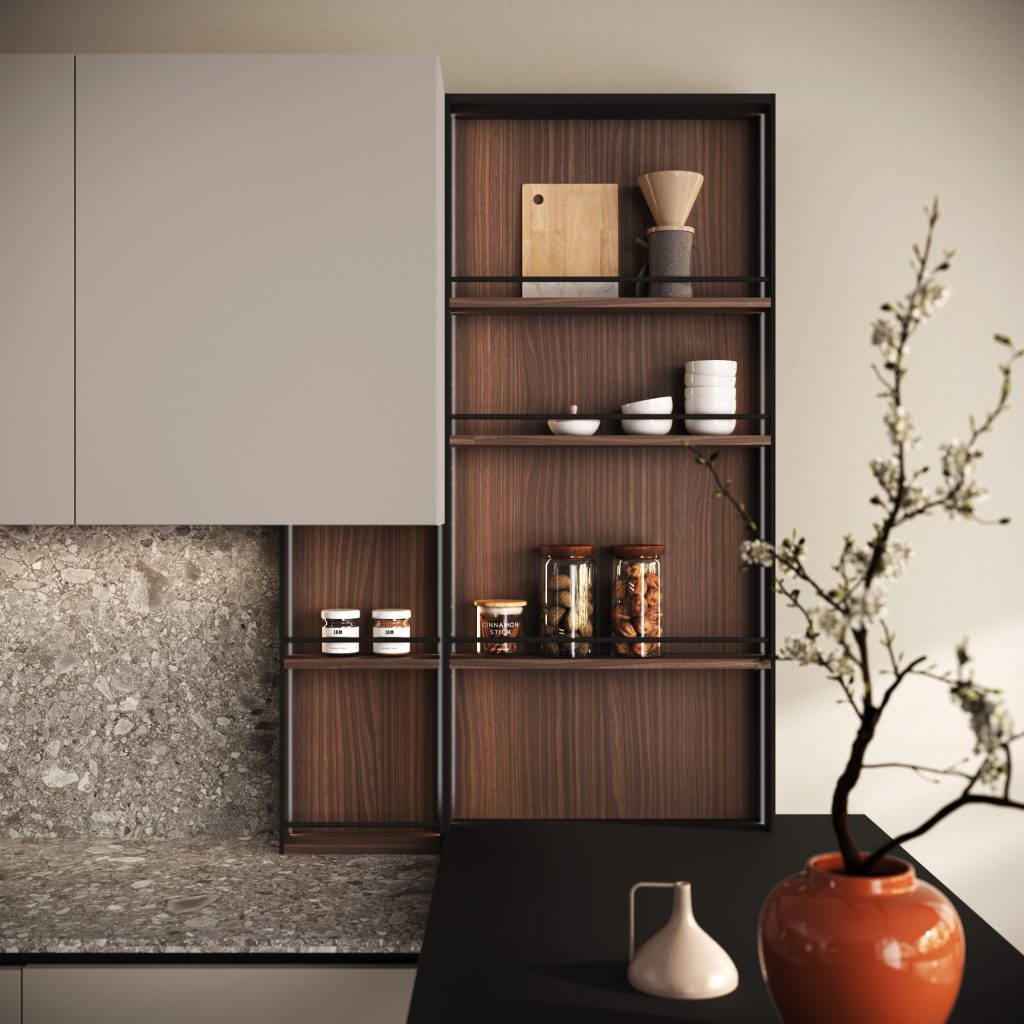 Cucina moderna economica Melania di Ciao Cucine, mensole a giorno in legno noce con vasetti, taglieri e barattoli