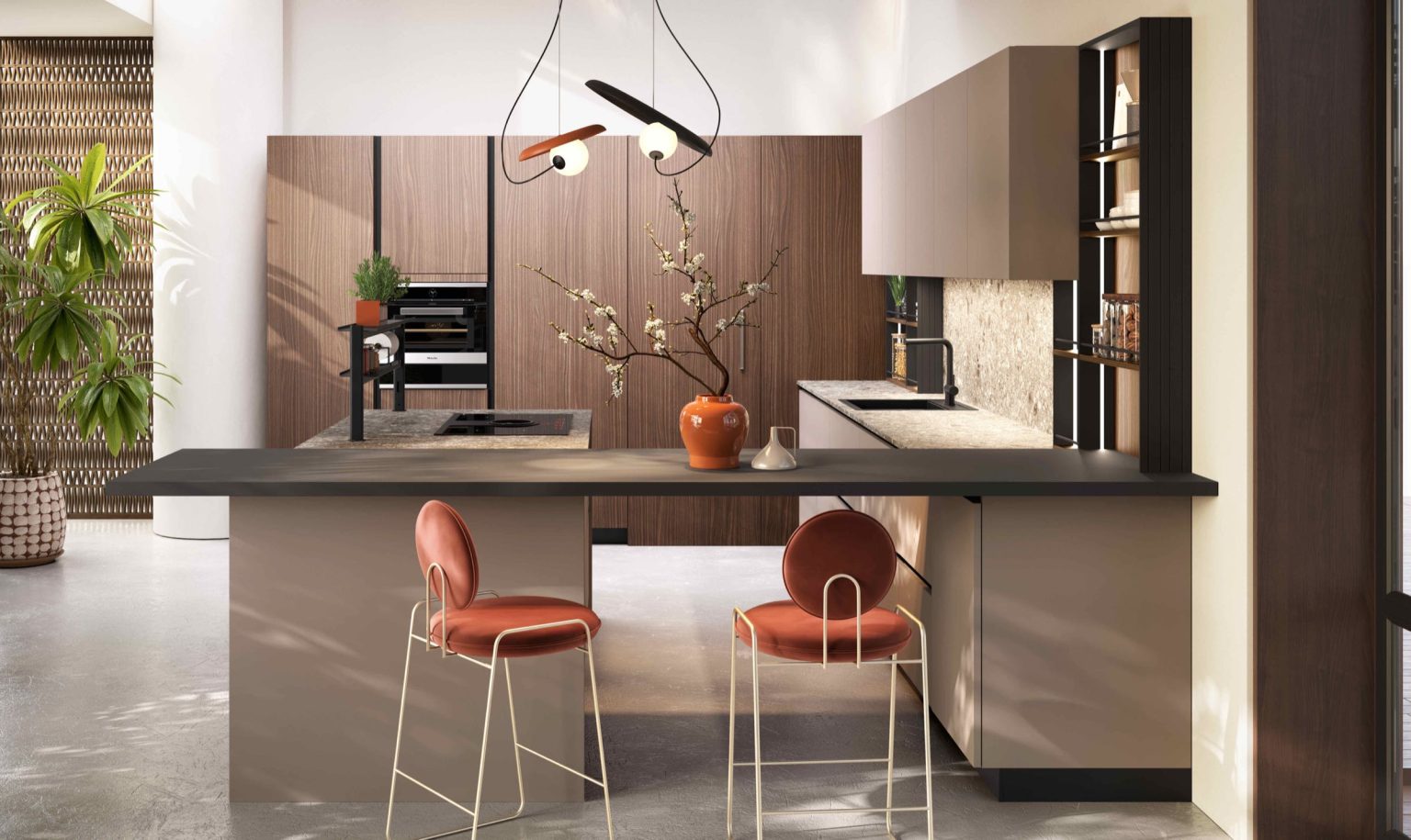 Cucina moderna economica Melania di Ciao Cucine, veduta frontale della penisola tortora con sgabelli arancioni e ramo fiorito