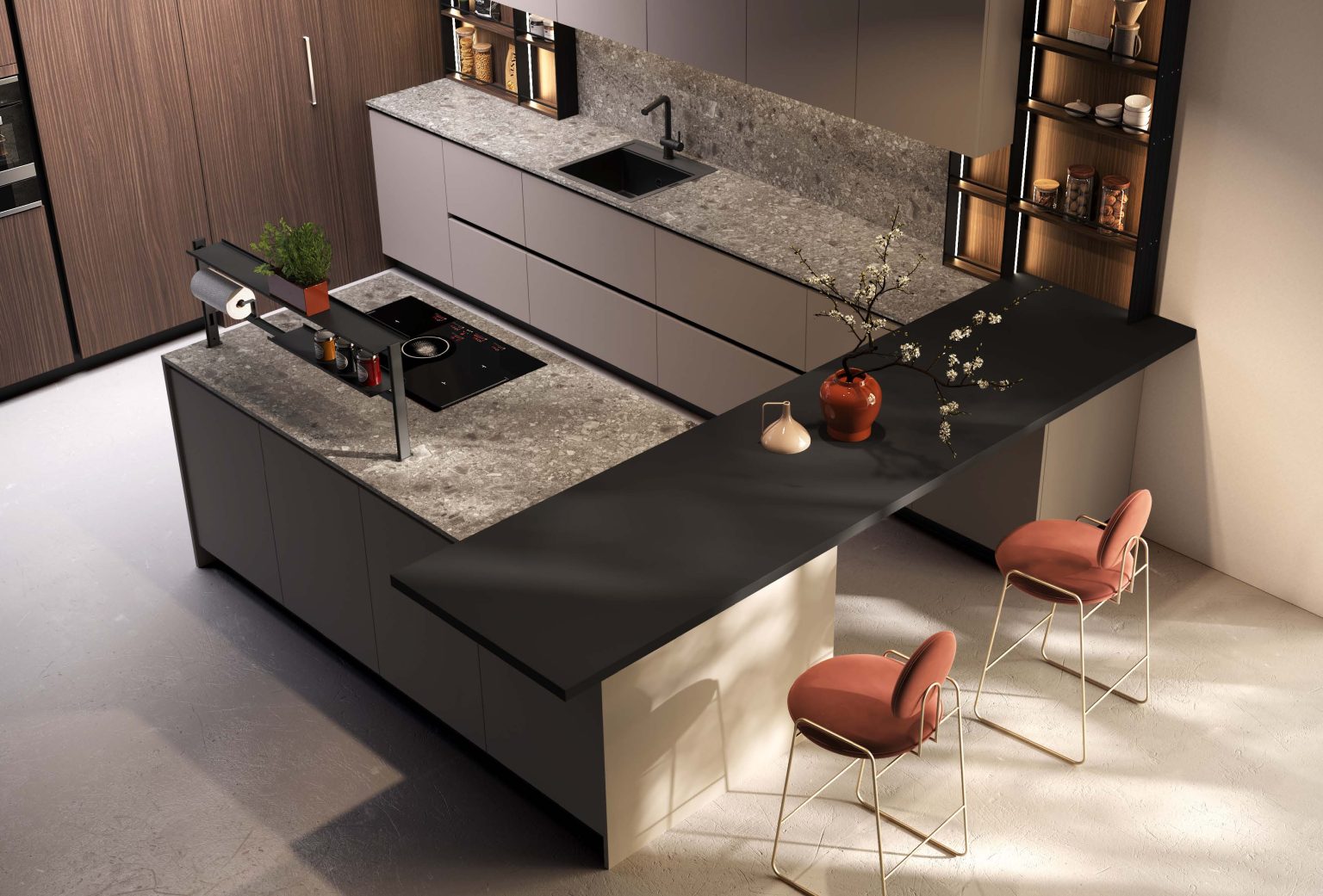 Cucina moderna economica Melania di Ciao Cucine, penisola snack con piano nero e sgabelli arancioni vista dall'alto