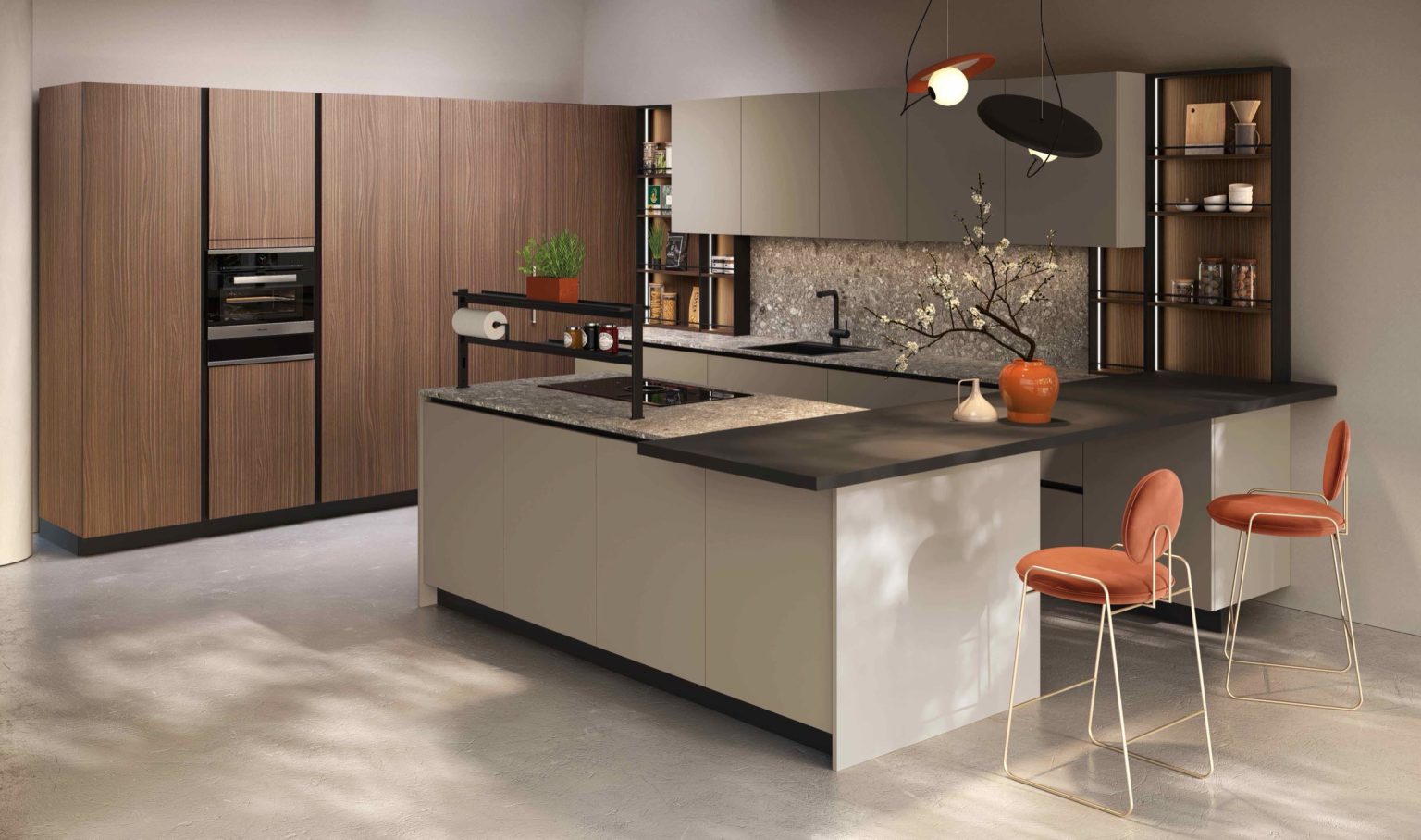 Cucina moderna economica Melania di Ciao Cucine, veduta d'insieme con isola snack laccata tortora lucida e sgabelli arancioni
