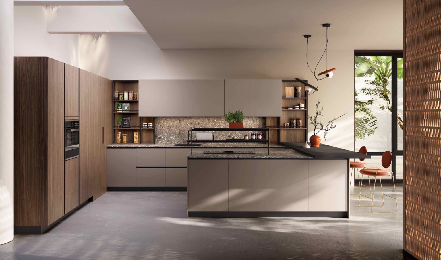 Cucina moderna economica Melania di Ciao Cucine, veduta d'insieme con penisola, ante in legno e laccato tortora e sgabelli arancioni
