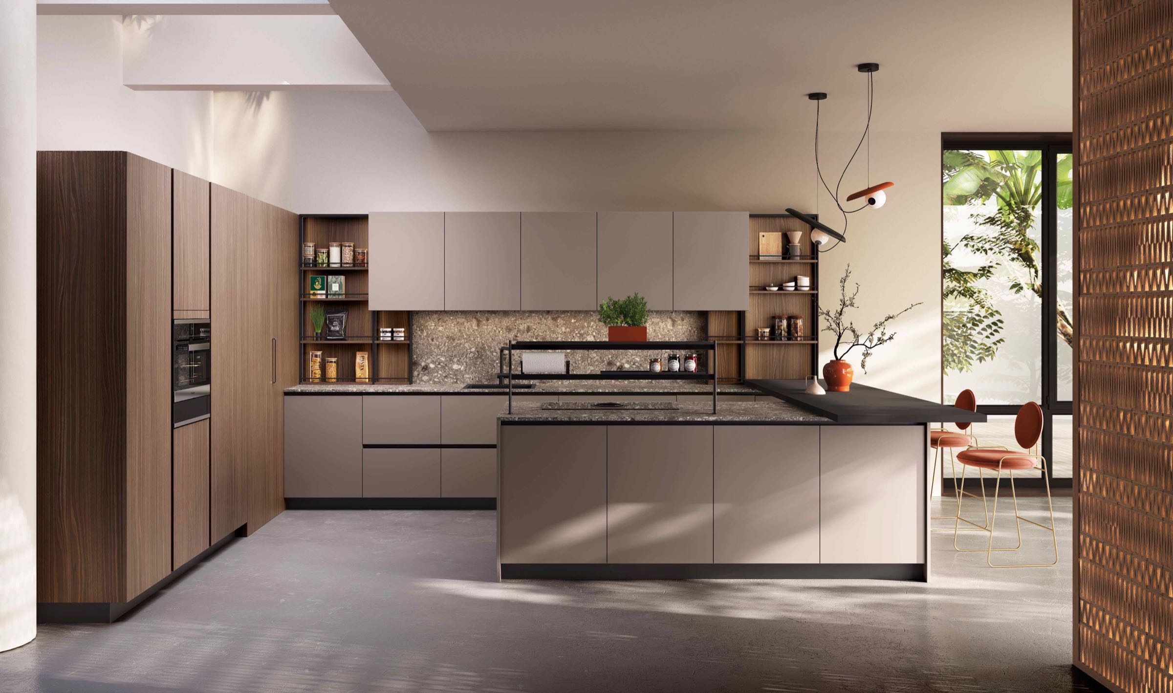 Cucina moderna economica Melania di Ciao Cucine, veduta d'insieme con penisola, ante in legno e laccato tortora e sgabelli arancioni