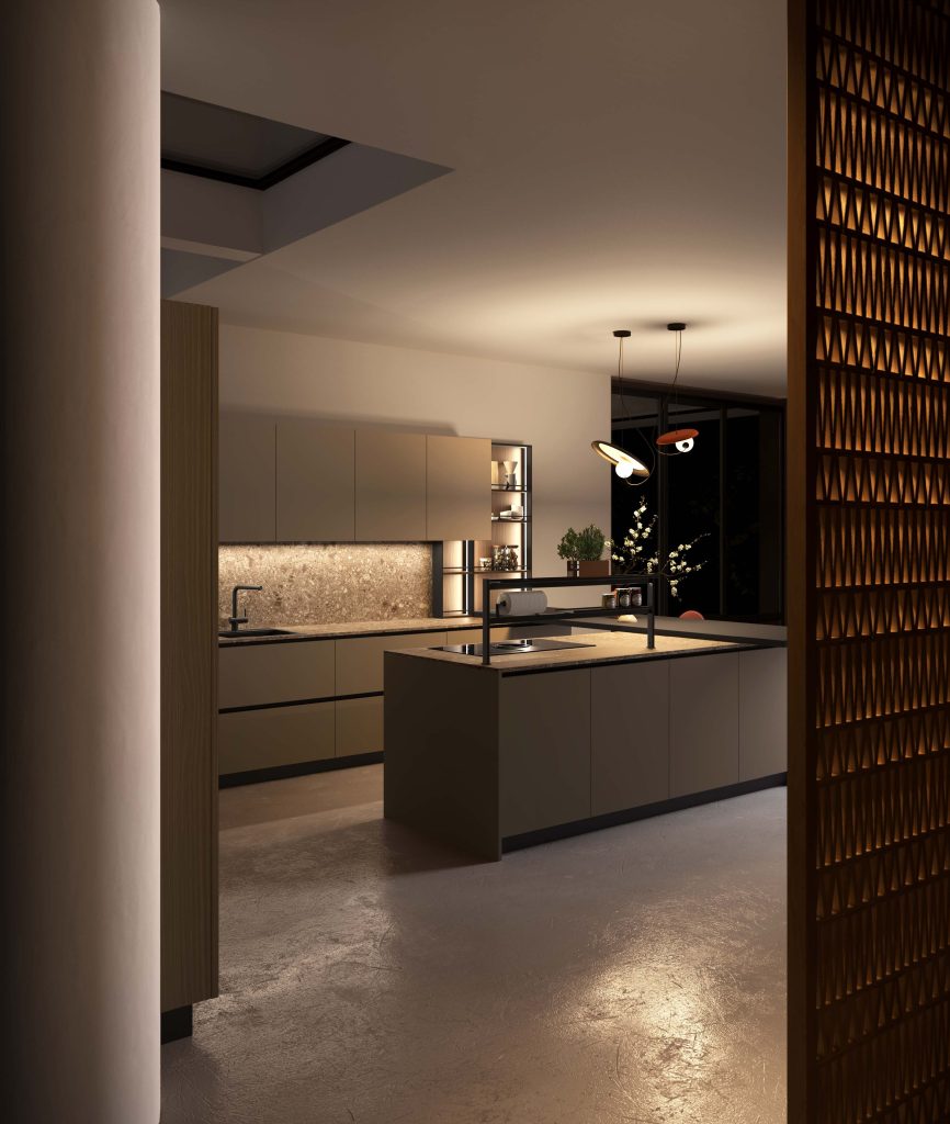 Cucina moderna economica Melania di Ciao Cucine, veduta serale d'insieme con isola centrale e lampade a sospensione