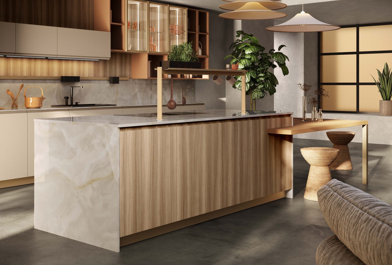 Cucina moderna economica Sibilla di Ciao Cucine, isola con fianco effetto marmo, ante noce e penisola tavolo con sgabelli e divano