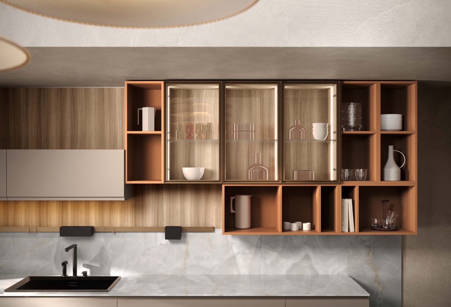 Cucina moderna economica Sibilla di Ciao Cucine, parete di pensili vetrina e mensole a giorno terracotta sopra lavello e top marmo