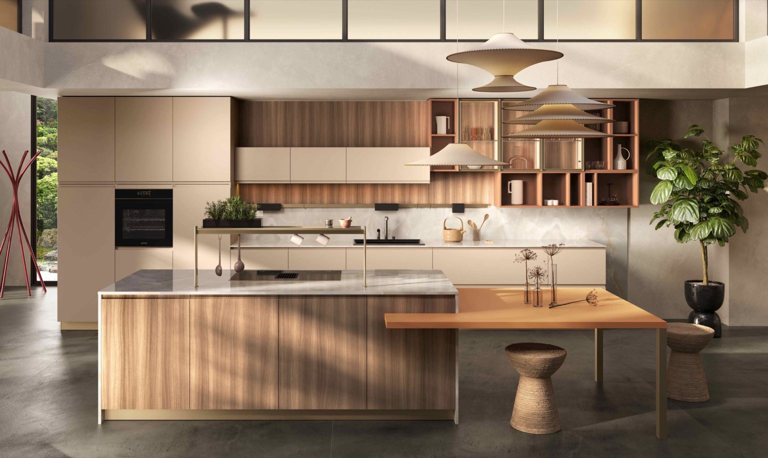Cucina moderna economica Sibilla di Ciao Cucine, veduta frontale con isola effetto noce, colonne beige e lampade sospese in tessuto