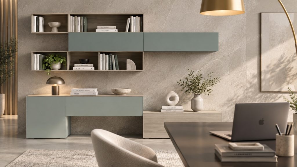 Aparador suspendido verde salvia con módulos altos del sistema salón Diamante, lámpara de arco y rincón de lectura