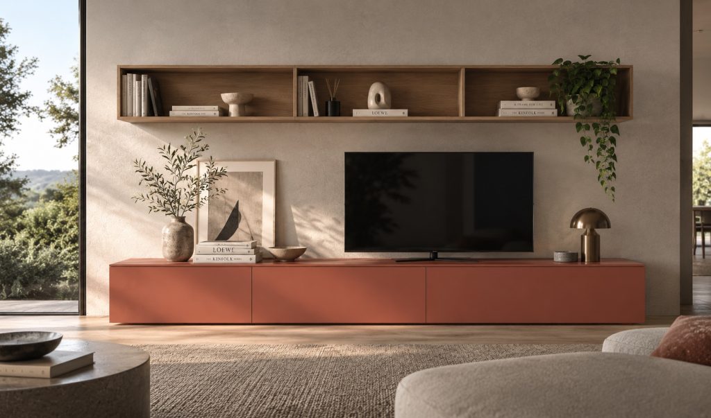 Pared TV del salón Ginevra con base suspendida terracota y estante abierto de madera