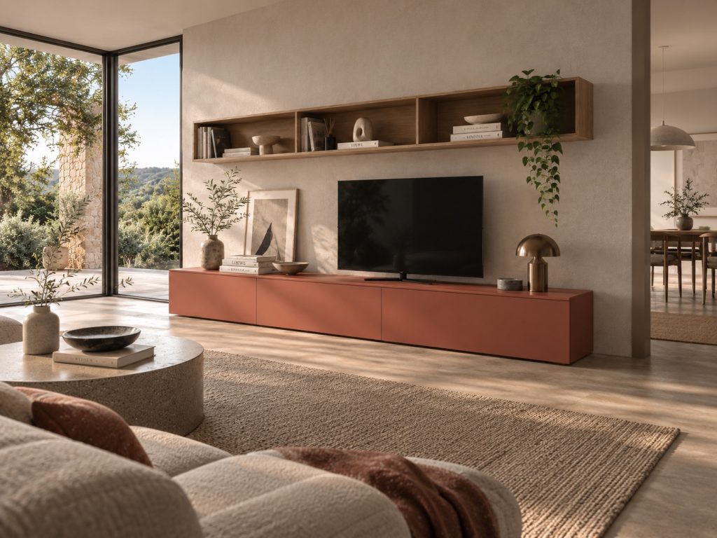 Zona de día Ginevra con pared TV terracota, alfombra de fibra natural y ventanal de esquina al jardín