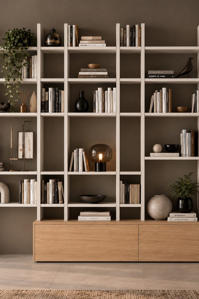 Detalle vertical de la librería Marilyn: módulos abiertos blancos y base de madera