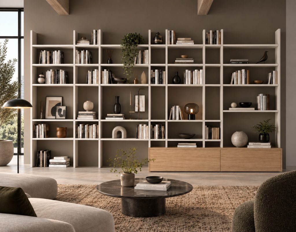 Librería abierta blanca a toda pared del salón Marilyn con bases de madera y zona de estar